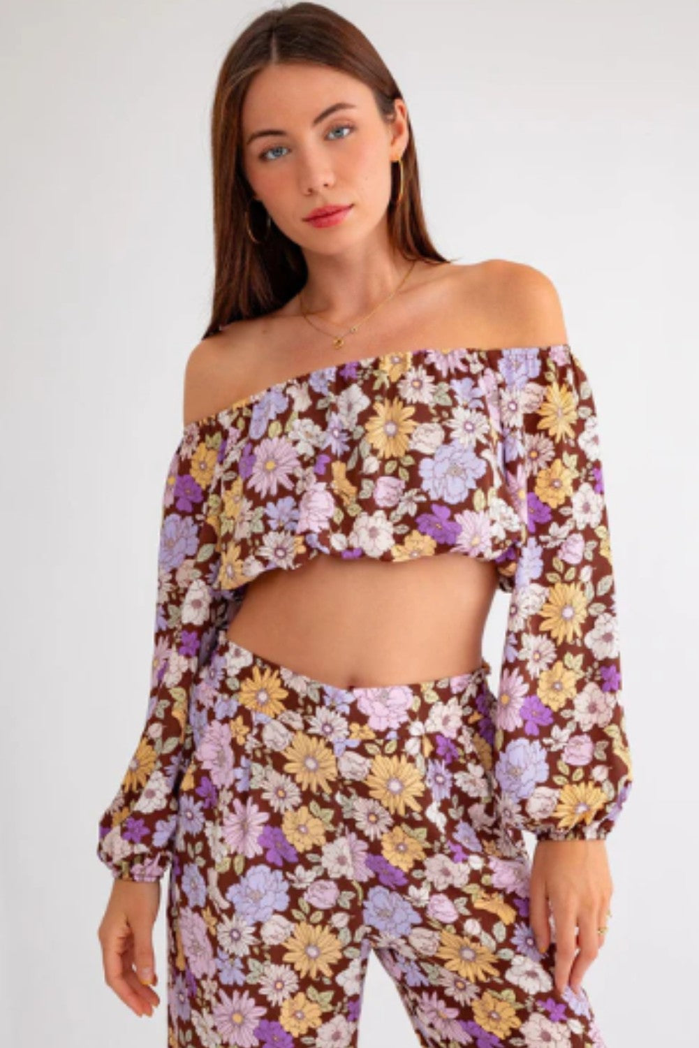 Long Sleeve Floral Crop Top - Ballimart