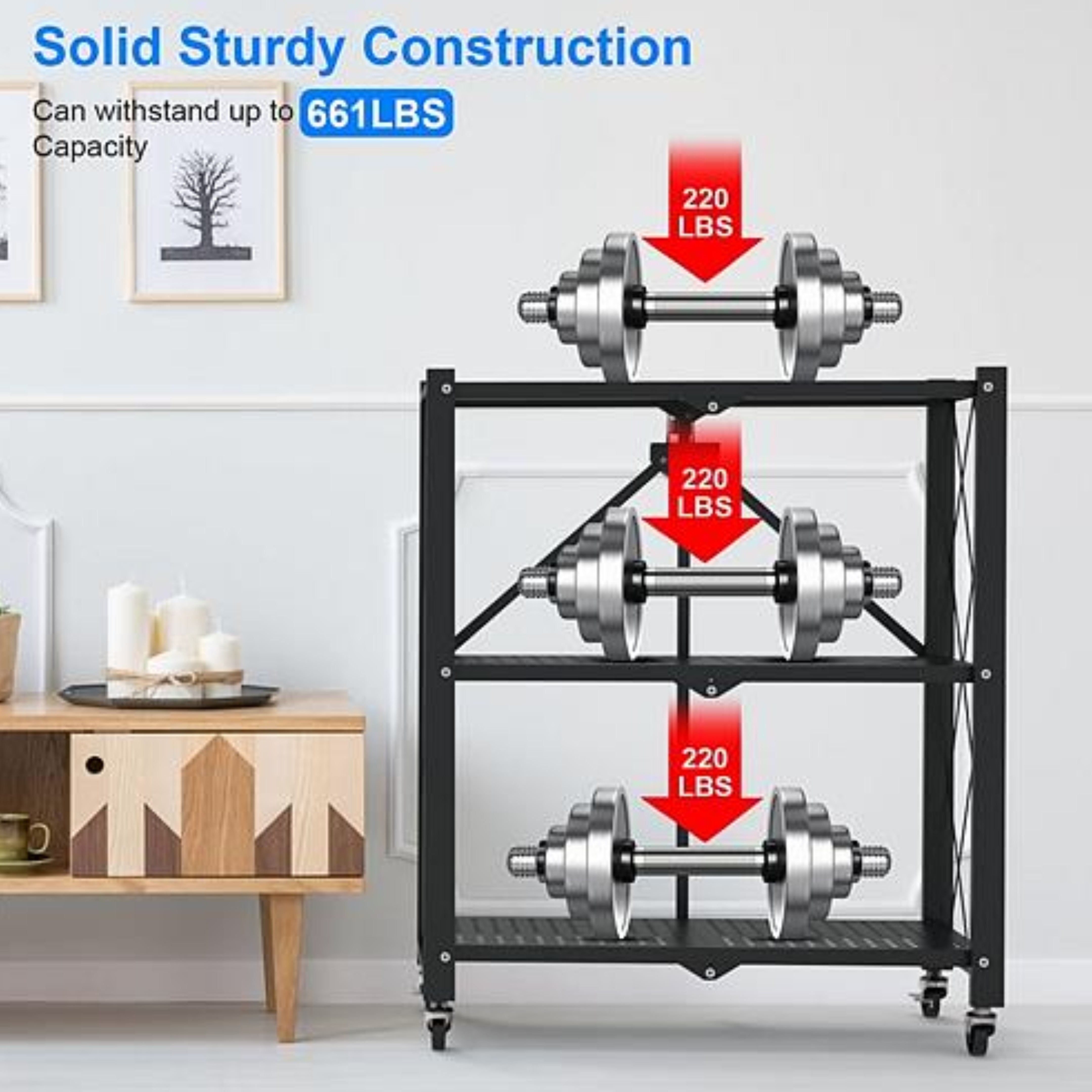 3-Tier Foldable Storage Shelf With Lockable Wheels - No Assembly Rolling Utility Shelf