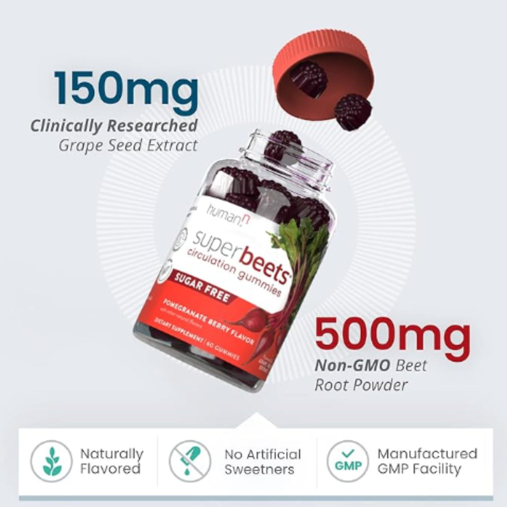 humanN SuperBeets Circulation Gummies - 60 Count (Pack of 2) | Heart-Healthy Energy with Grape Seed Extract & Beet Root Powder - Ballimart