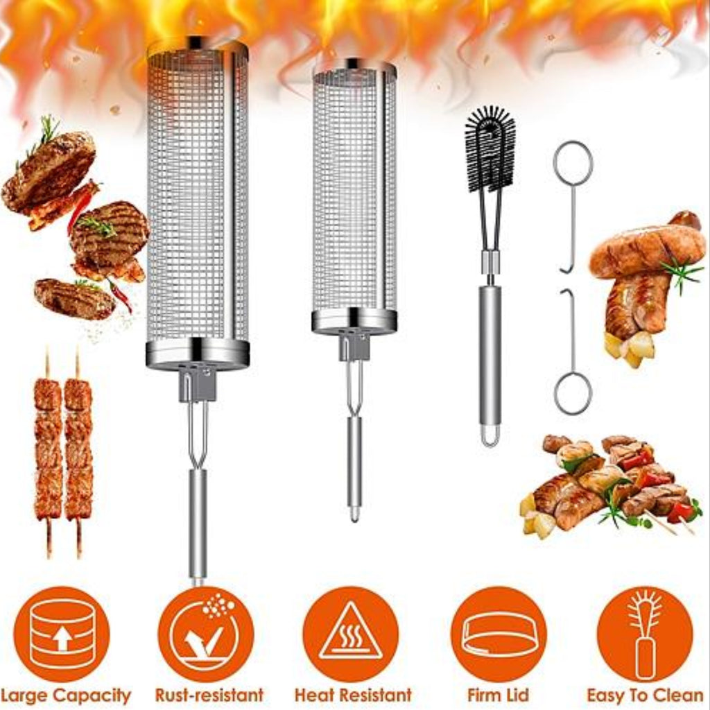 2Pack Rolling Grill Baskets BBQ Net Tubes - Stainless Steel Barbecue Grill Grates - Ballimart