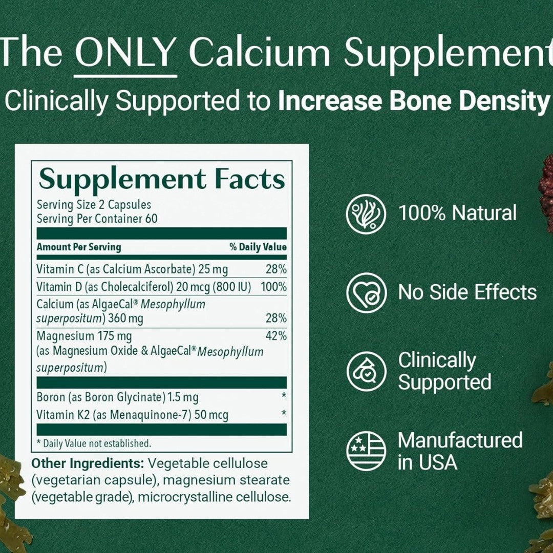 AlgaeCal Plus – Organic Red Algae Calcium Supplement with Vitamin D3, K2 MK-7, Magnesium & Trace Minerals – Bone Density & Strength Support – 120 Veggie Caps