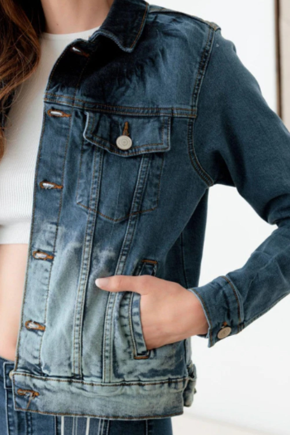 Faded Blue Front Pockets Gold Buttons Denim Jacket - Ballimart