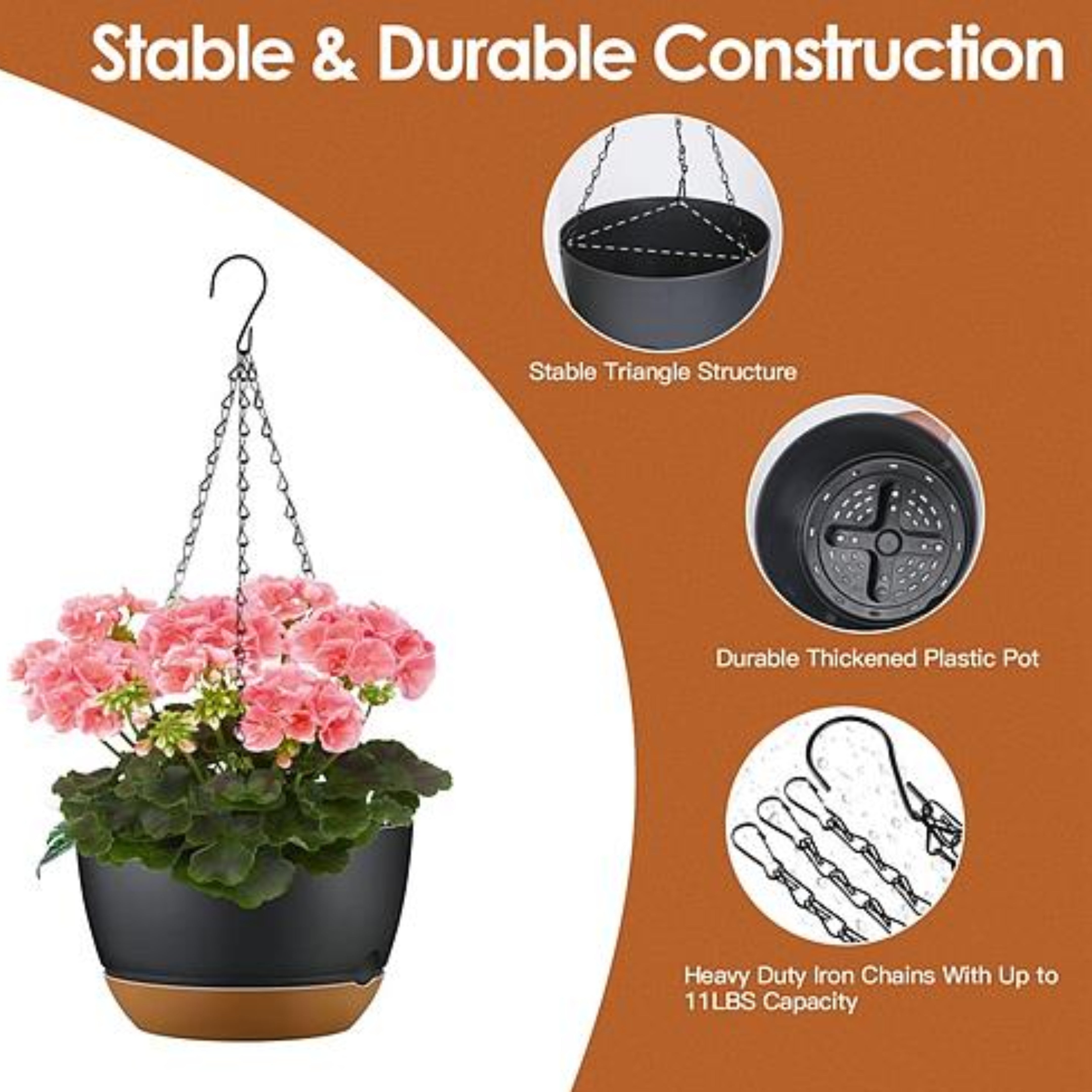 4PCS 9.64IN DIAMETER HANGING PLANTER WITH DRAINAGE HOLES REMOVABLE SELF-WATERING TRAY PLASTIC HANGING FLOWER PLANT POTS FOR INDOOR OUTDOOR HERB Ivy Fe