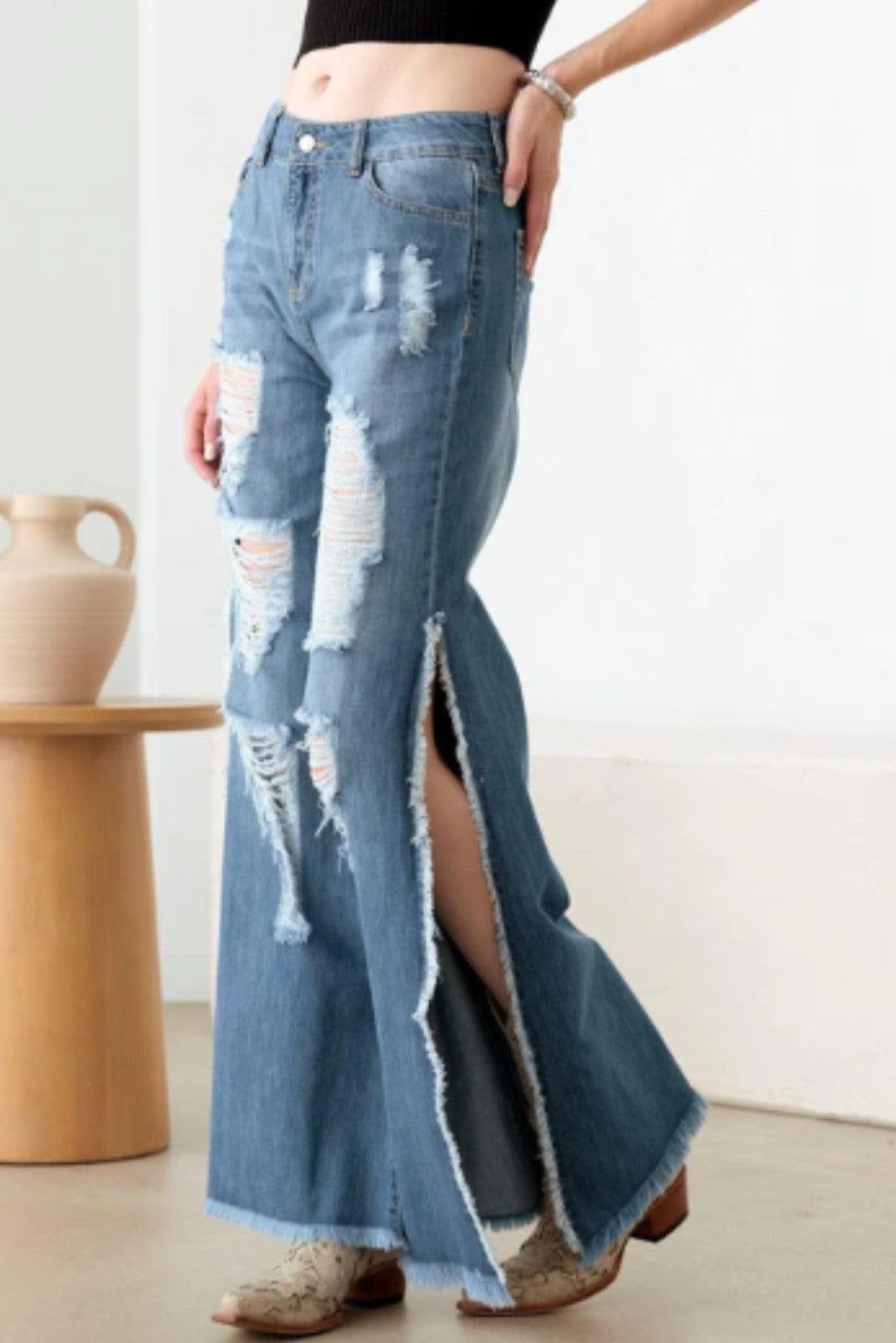 Blue Side Slit Wide Leg Destroyed Jeans - Ballimart