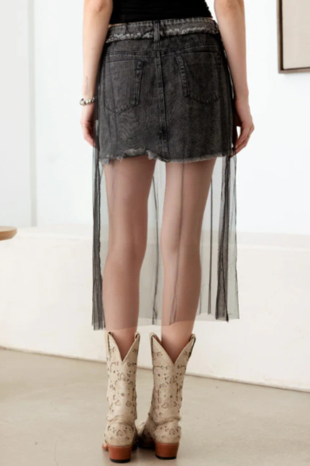 Black Frayed Hem Sheer Mesh Tulle Denim Mini Skirt - Ballimart