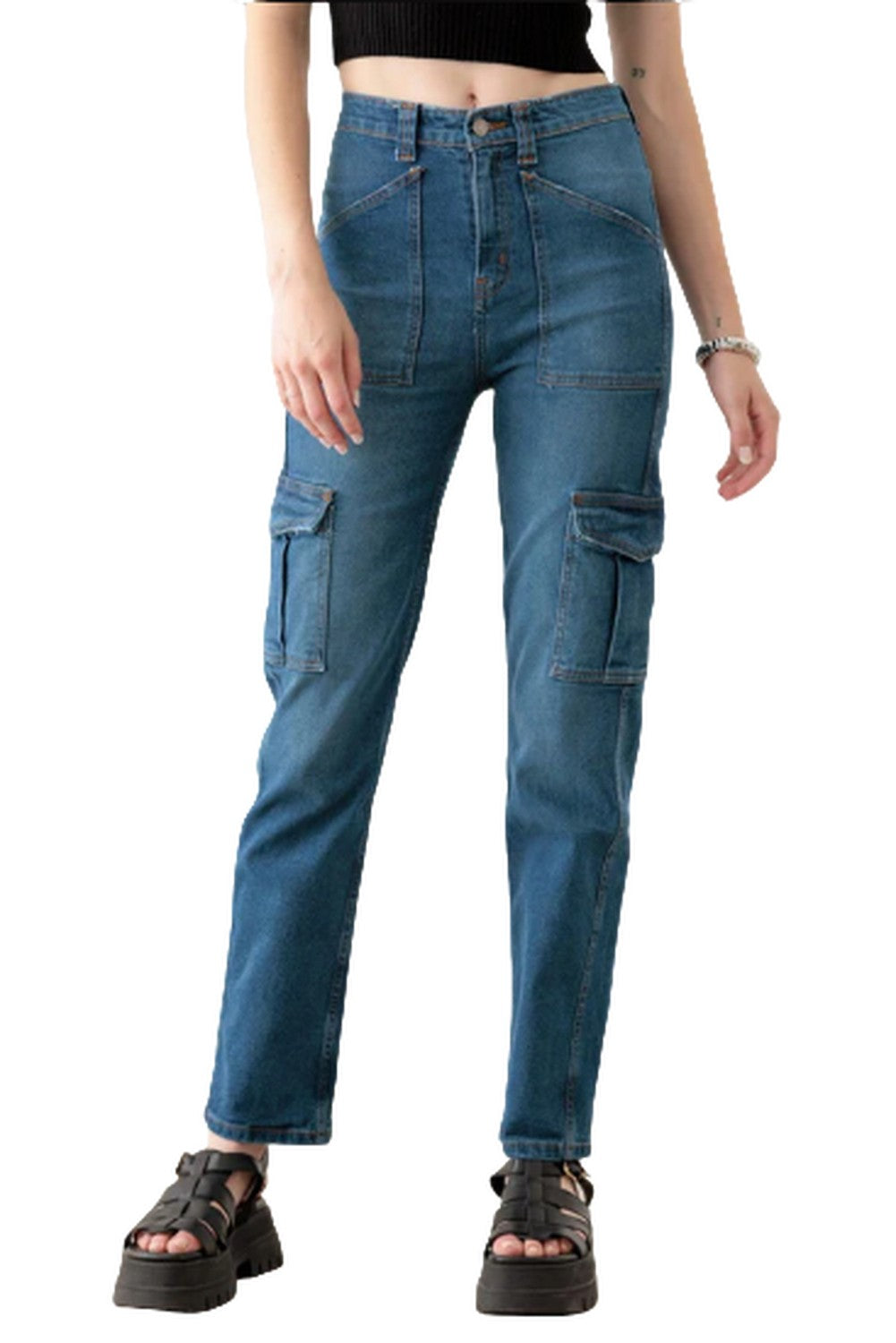 Blue High Rise Wide Cargo Jeans - Ballimart