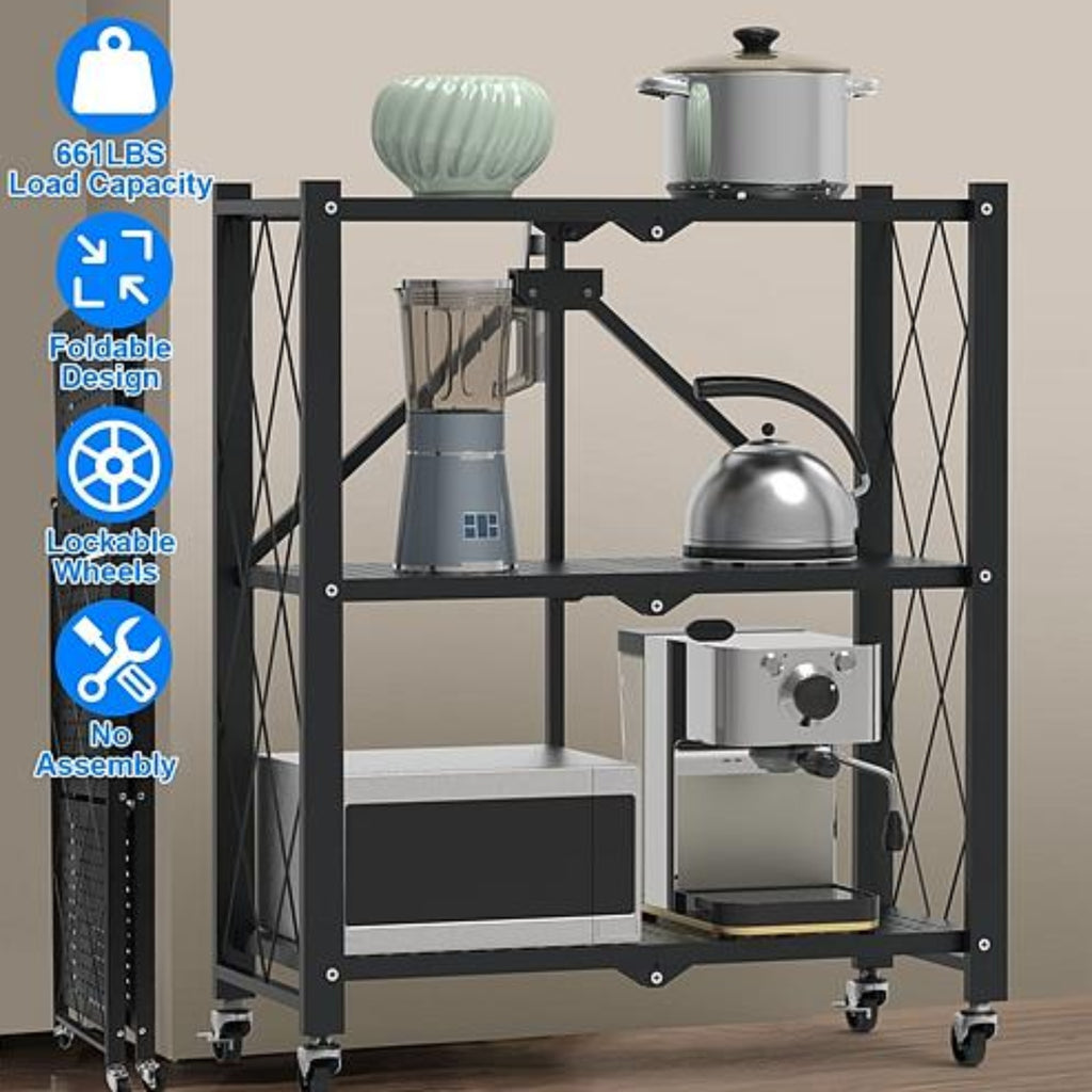 3-Tier Foldable Storage Shelf With Lockable Wheels - No Assembly Rolling Utility Shelf - Ballimart