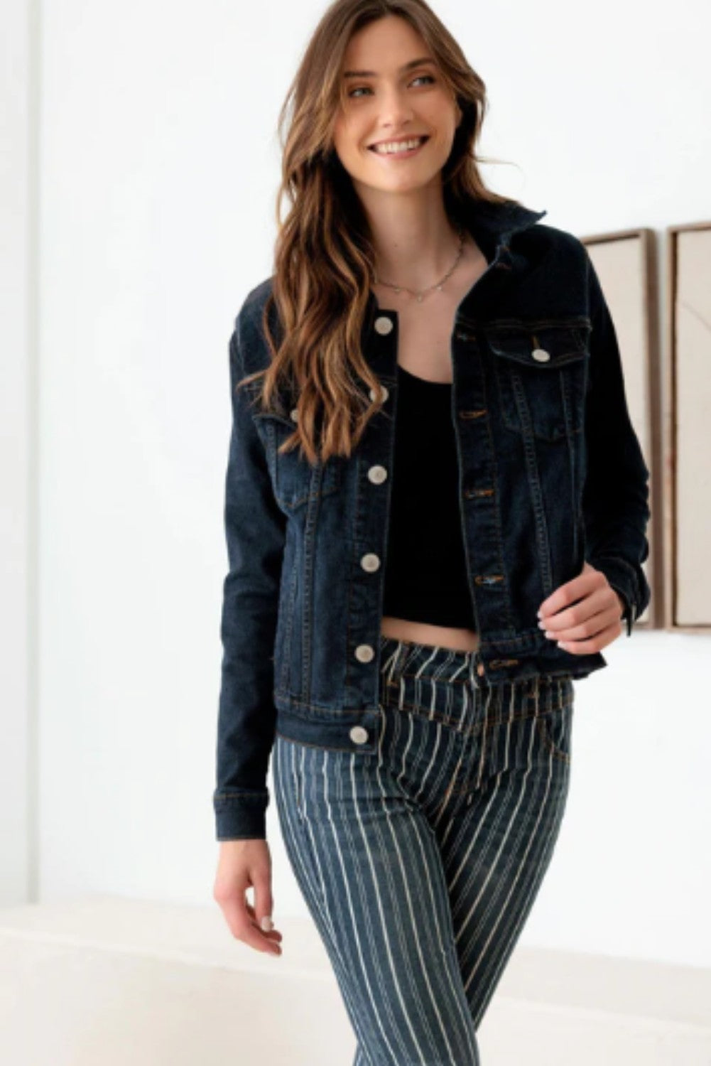 Dark Wash Front Pockets Gold Buttons Denim Jacket - Ballimart