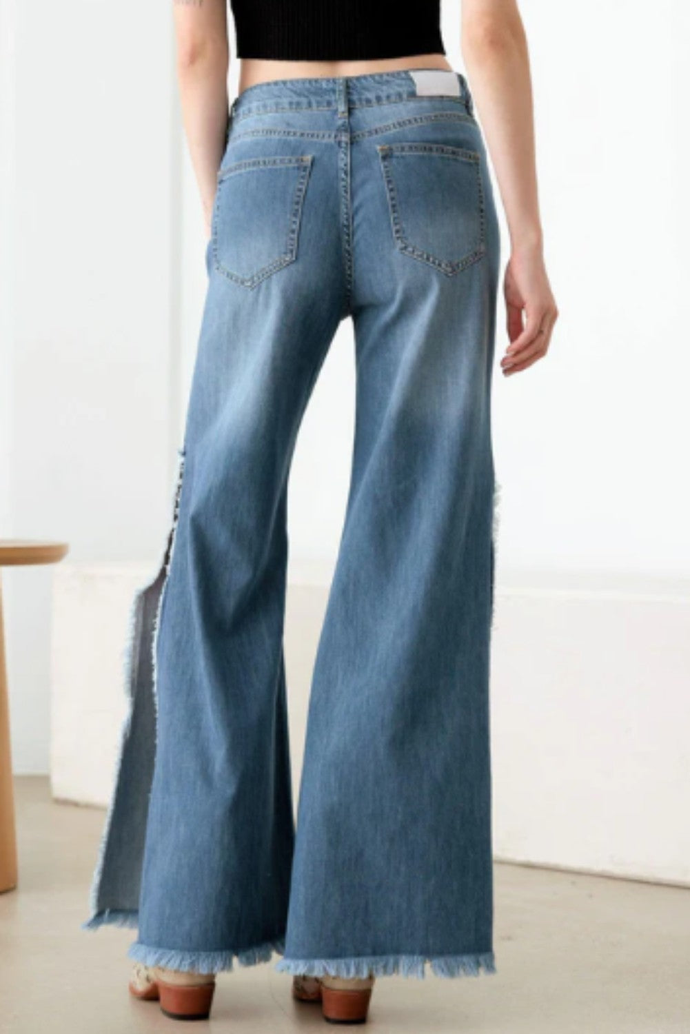 Blue Side Slit Wide Leg Destroyed Jeans - Ballimart