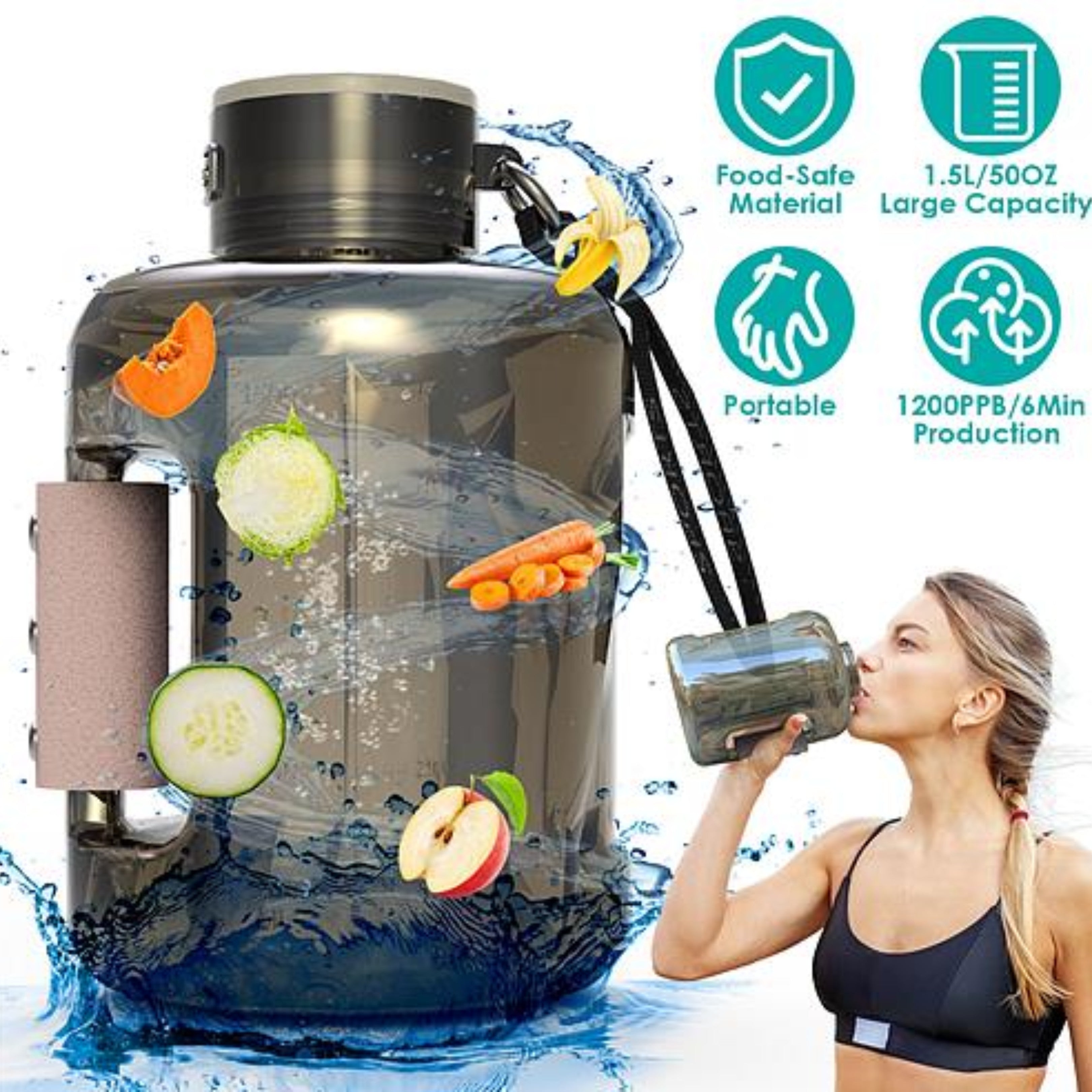 1.5L Large Capacity Portable Hydrogen Water Bottle - Quick Electrolysis Rechargeable Hydrogen Water Generator