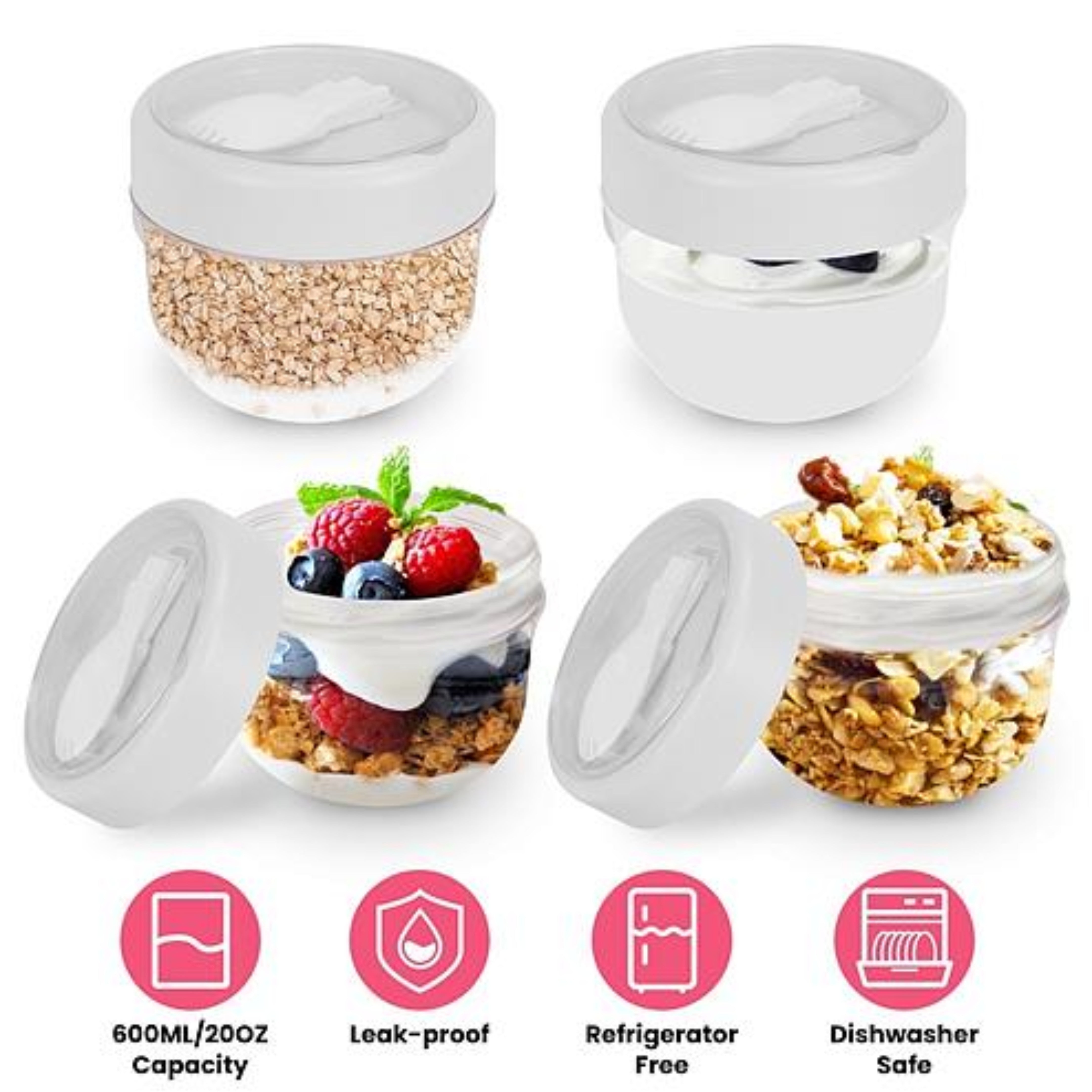 4Pcs Overnight Oats Containers with Lids and Folding Spoons - 20OZ Portable Leak-proof Oats Jars for Milk, Vegetable and Fruit Salad, Yogurt, Breakfast, Cereal