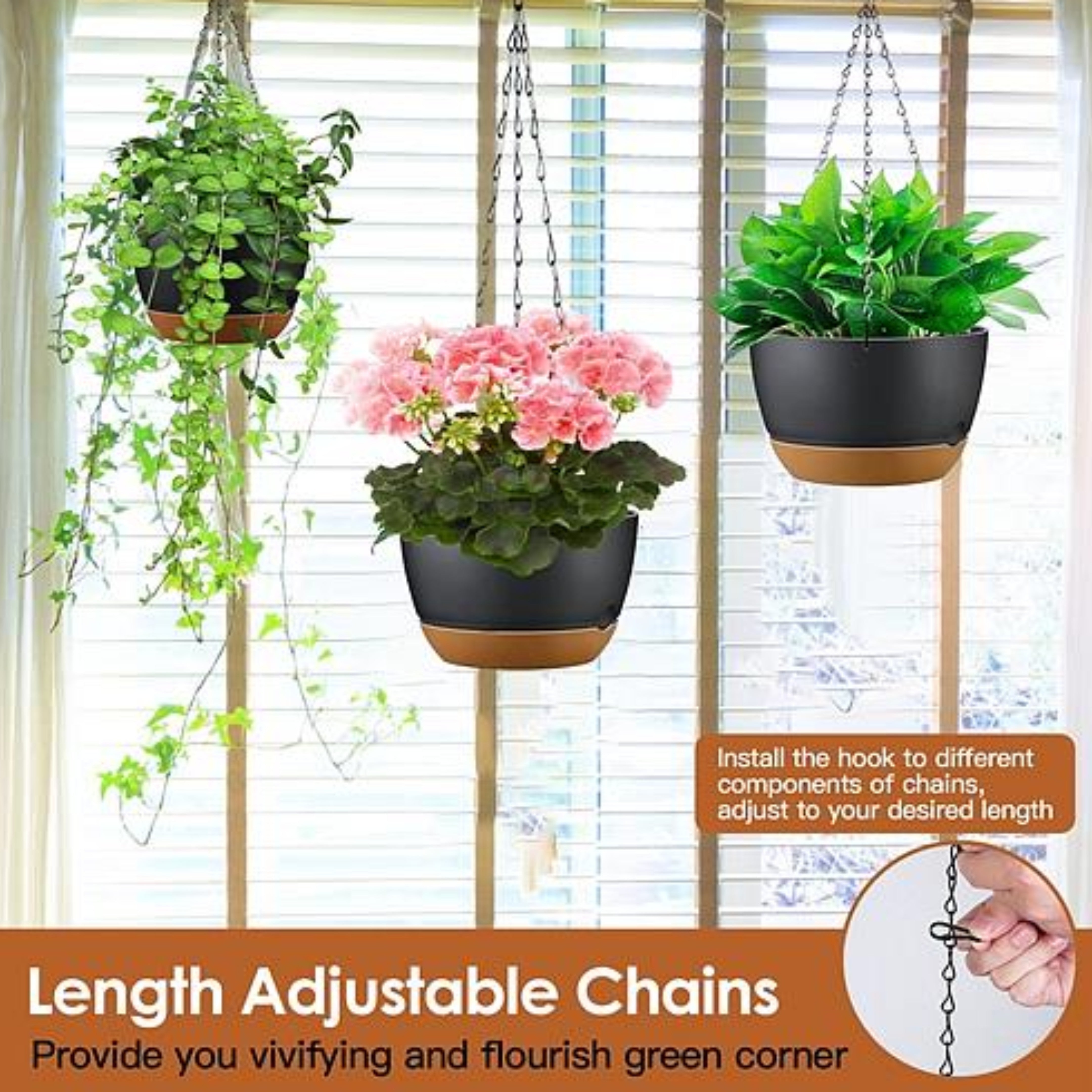 4PCS 9.64IN DIAMETER HANGING PLANTER WITH DRAINAGE HOLES REMOVABLE SELF-WATERING TRAY PLASTIC HANGING FLOWER PLANT POTS FOR INDOOR OUTDOOR HERB Ivy Fe