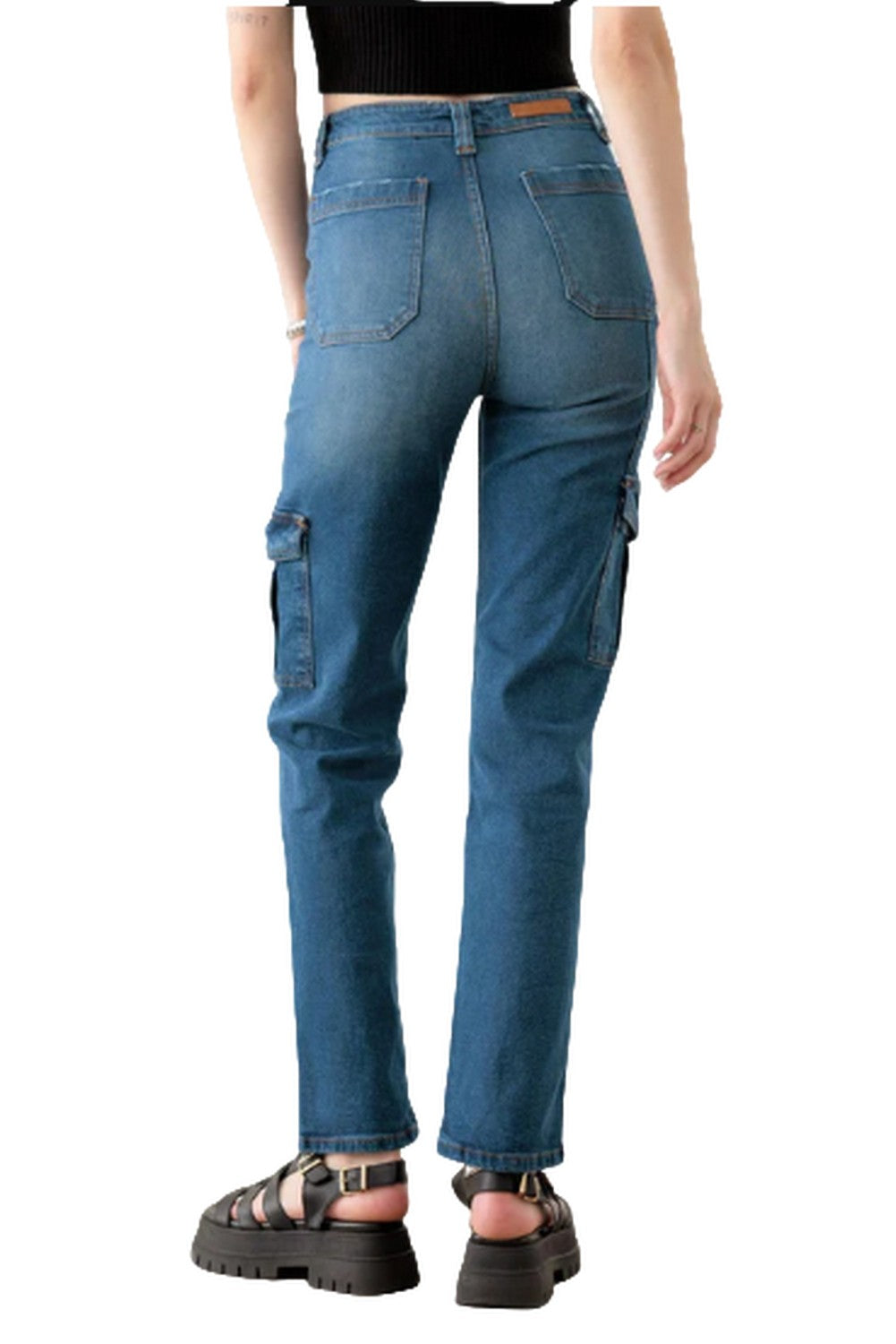 Blue High Rise Wide Cargo Jeans - Ballimart