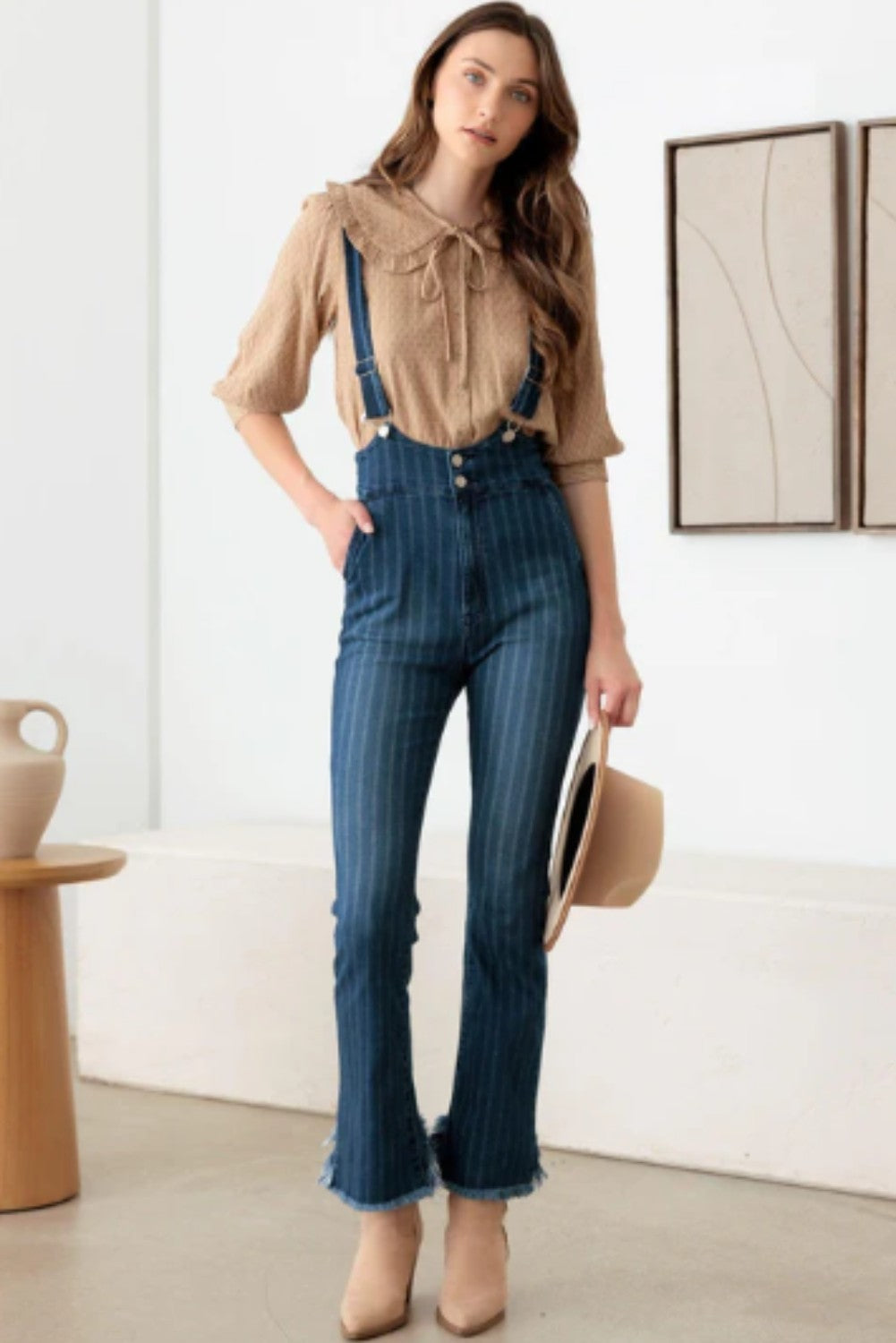 Striped Pattern Stretched Suspender Denim Jumpsuit