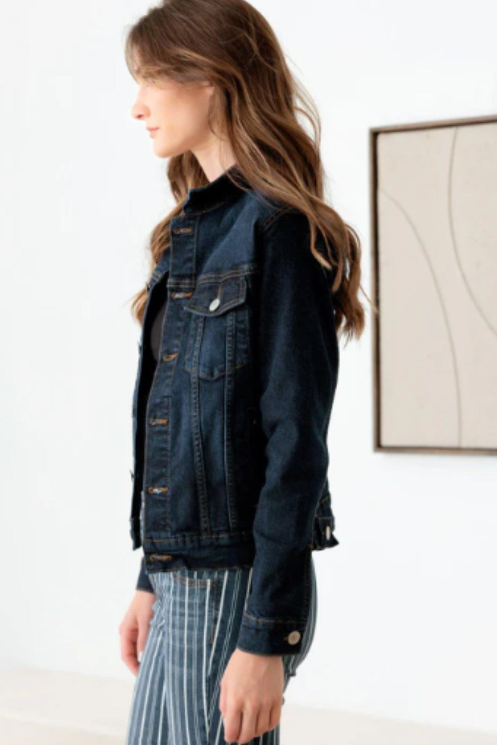 Dark Wash Front Pockets Gold Buttons Denim Jacket - Ballimart