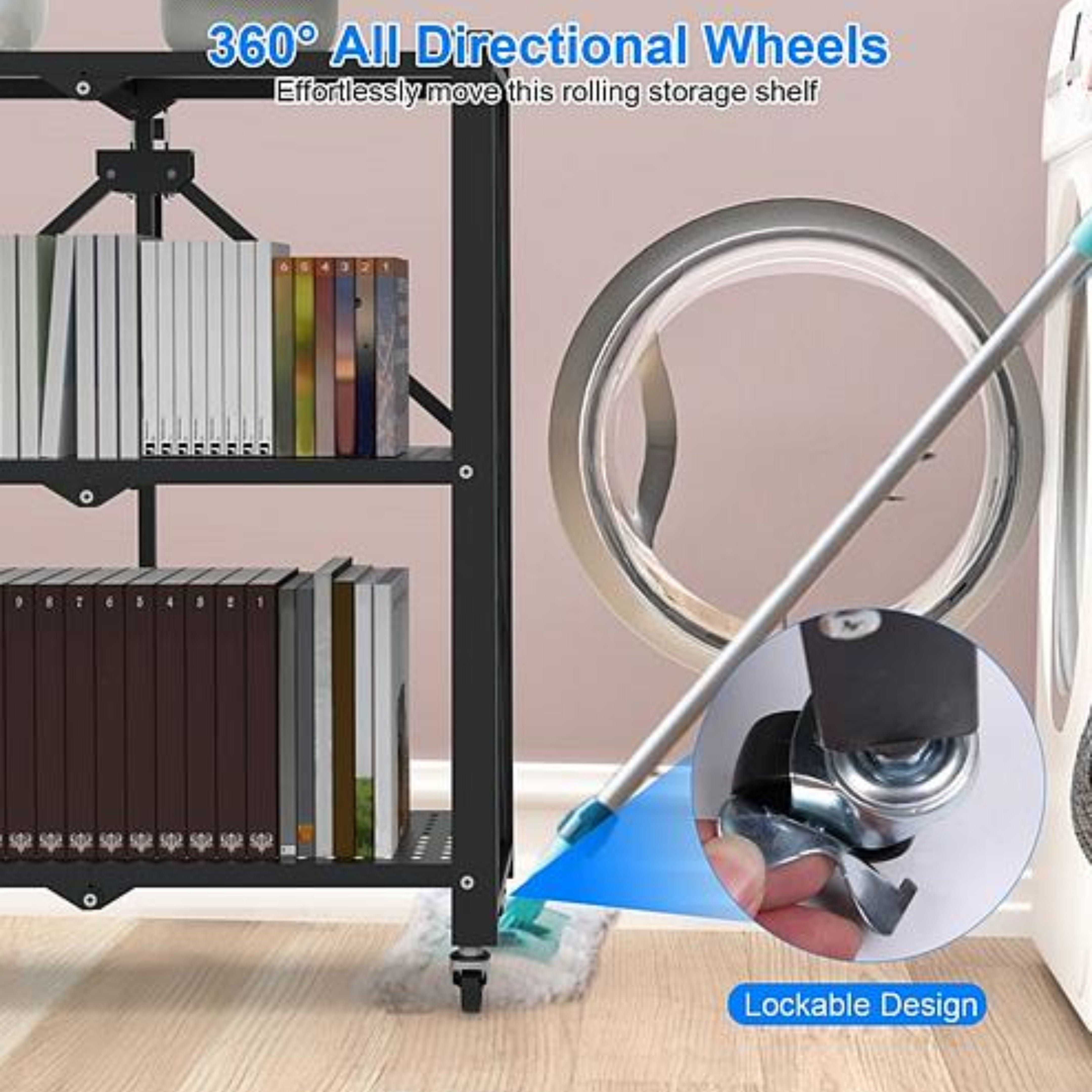 3-Tier Foldable Storage Shelf With Lockable Wheels - No Assembly Rolling Utility Shelf