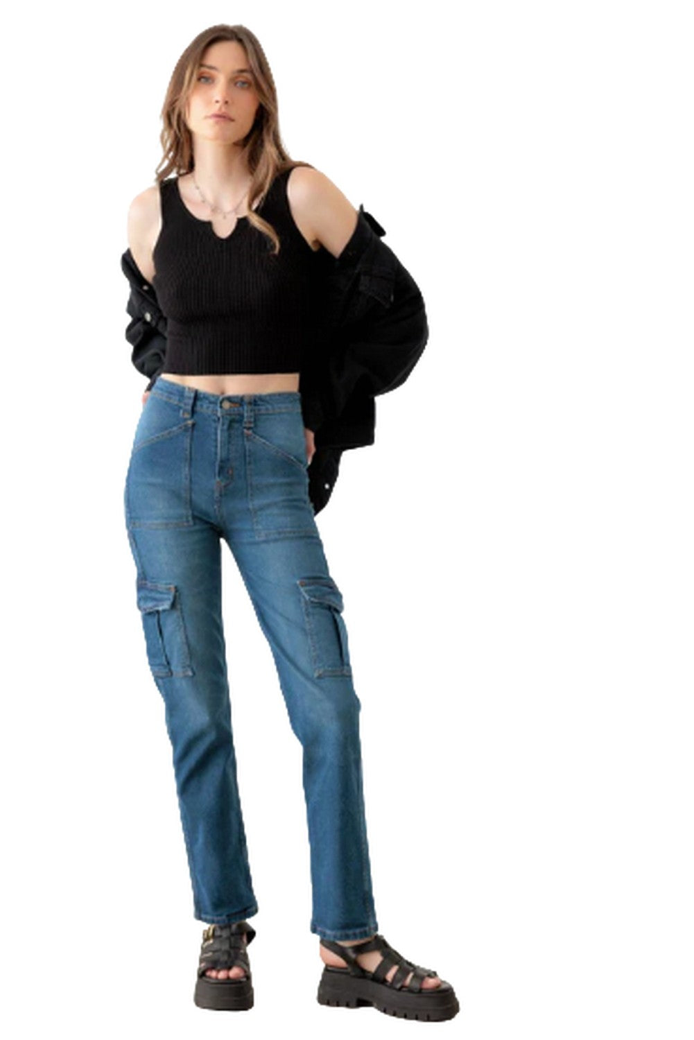 Blue High Rise Wide Cargo Jeans - Ballimart