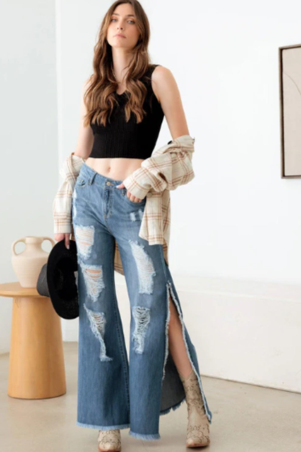 Blue Side Slit Wide Leg Destroyed Jeans