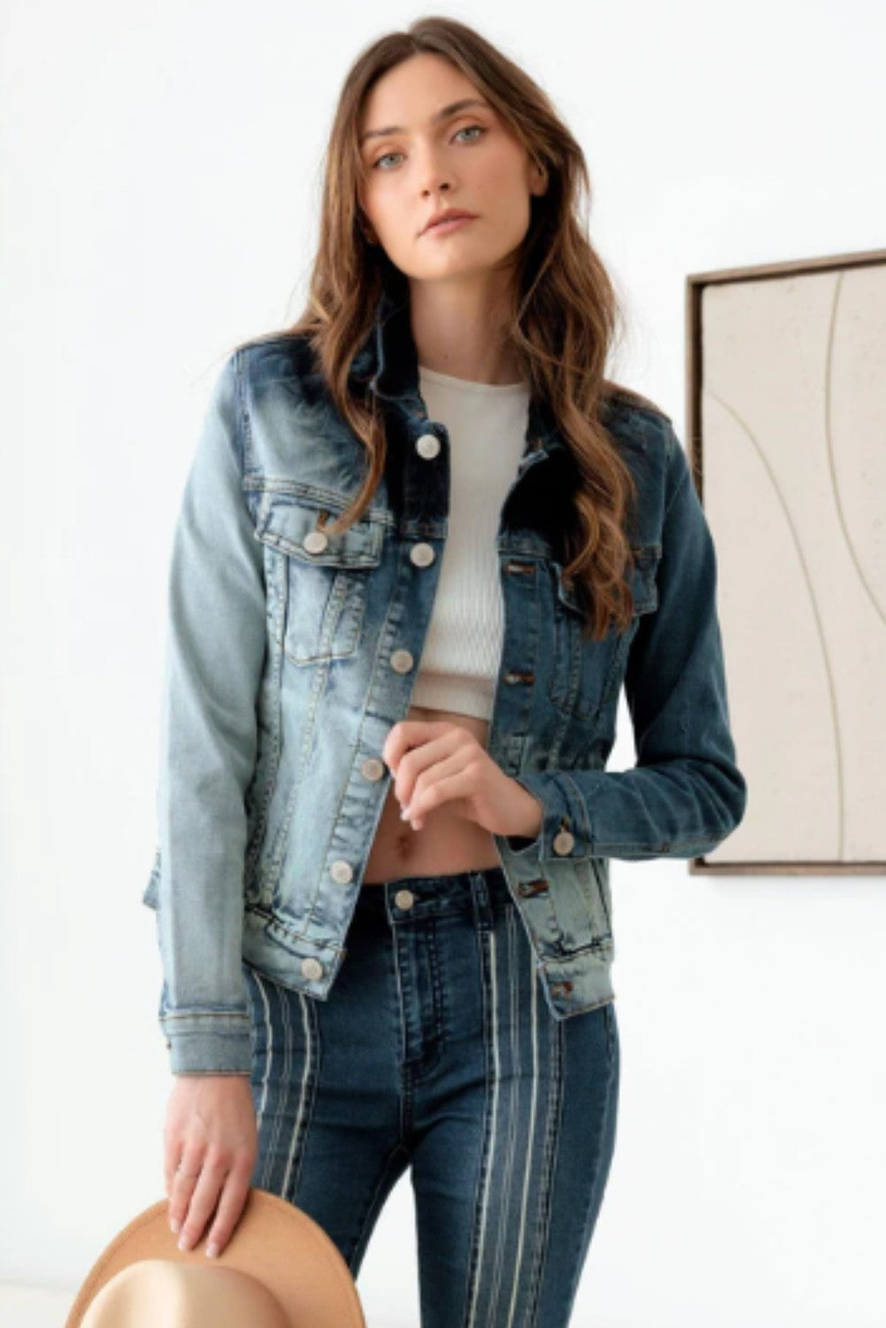 Faded Blue Front Pockets Gold Buttons Denim Jacket - Ballimart