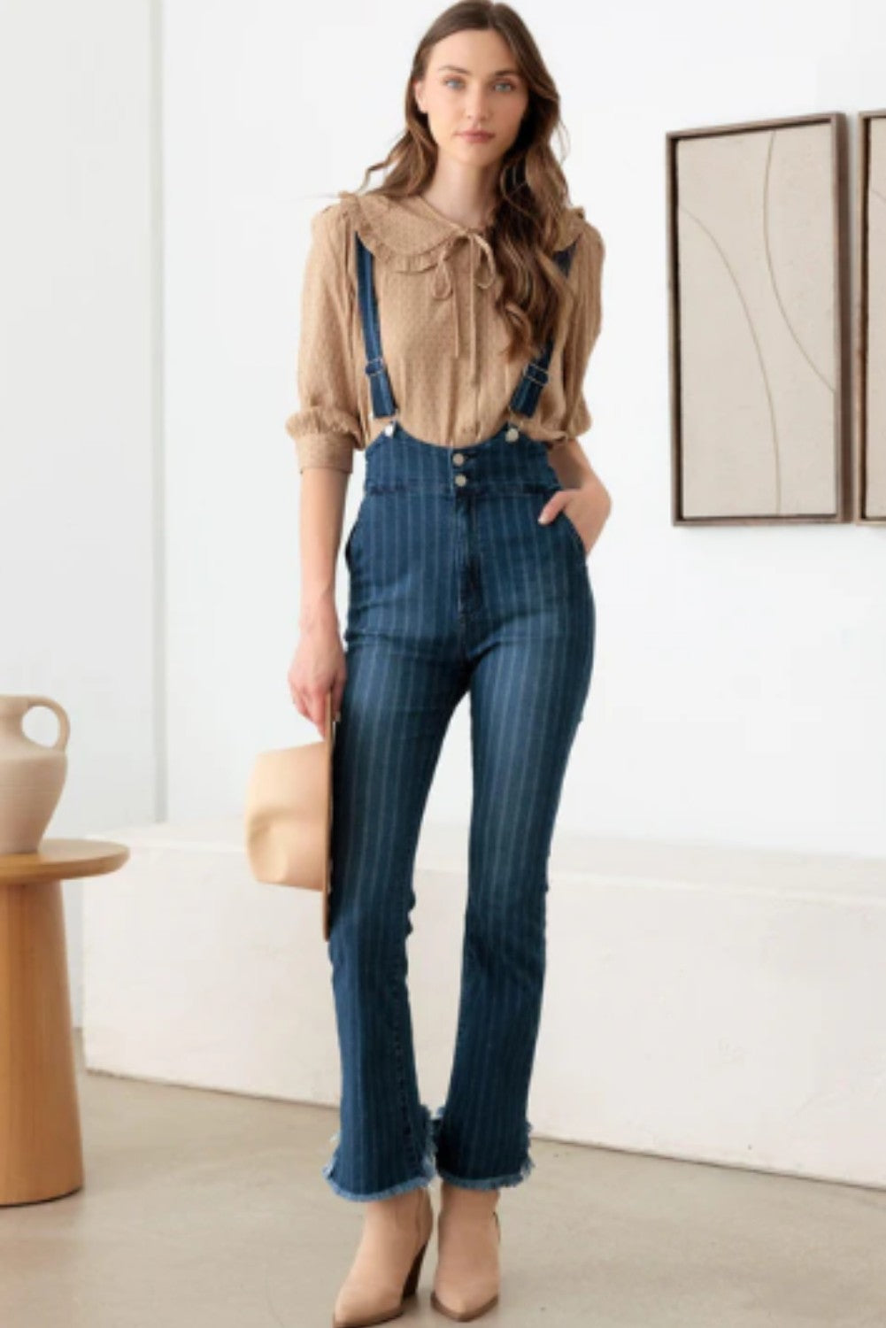 Striped Pattern Stretched Suspender Denim Jumpsuit