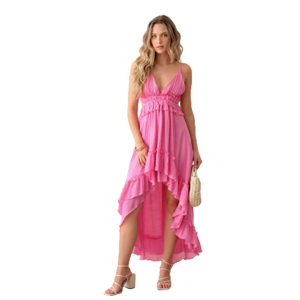 Asymmetric Ruffle Open Back Cutout Flair Dress - Ballimart