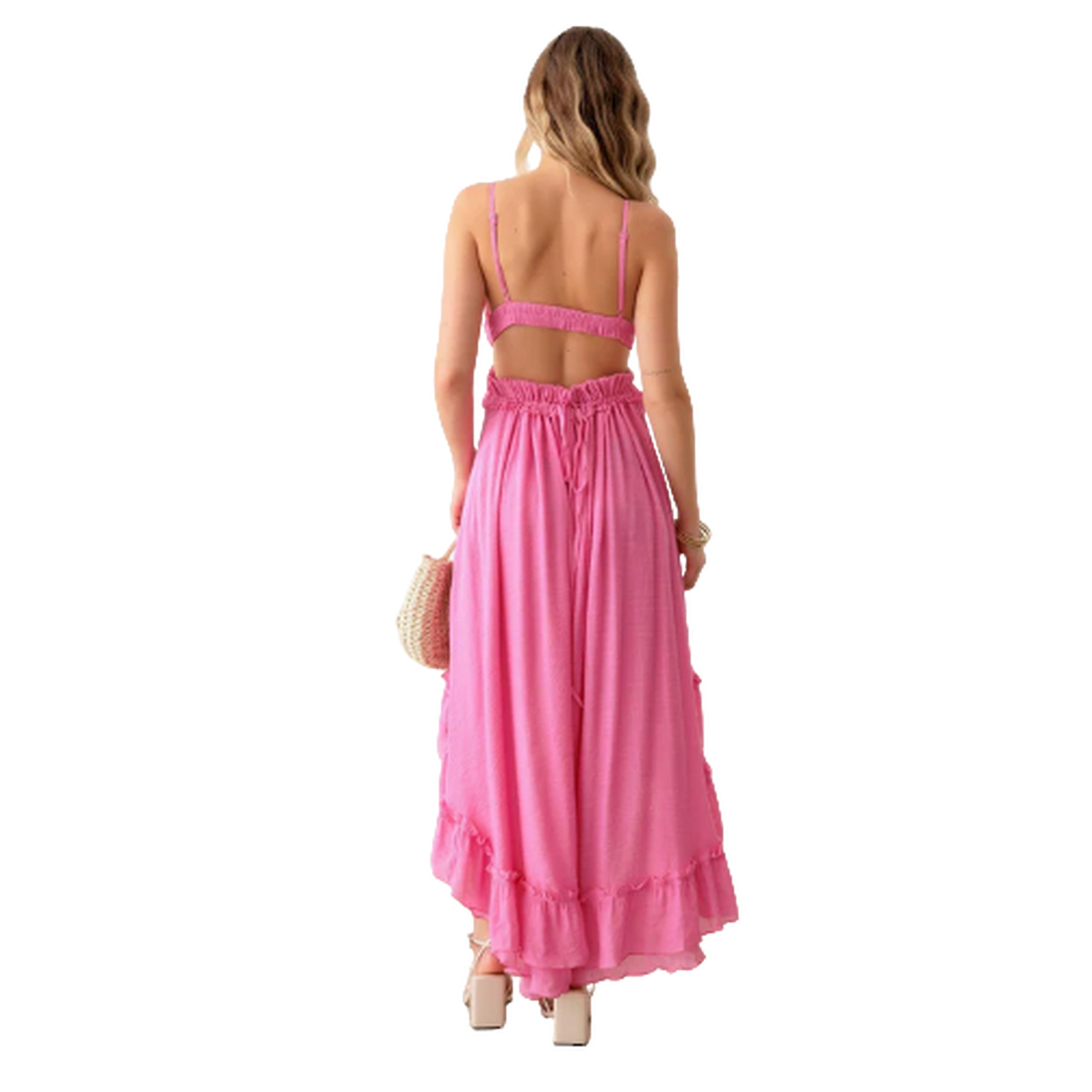 Asymmetric Ruffle Open Back Cutout Flair Dress