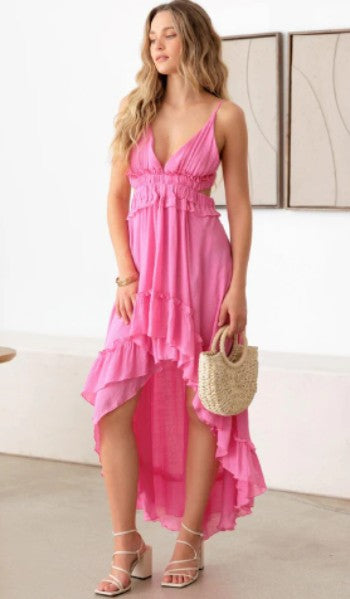 Asymmetric Ruffle Open Back Cutout Flair Dress - Ballimart