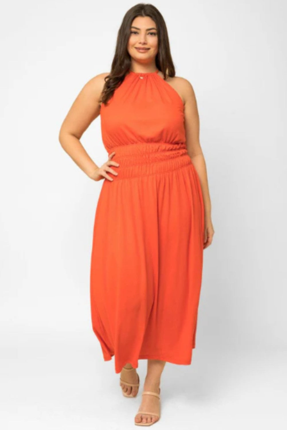 Plus Size Ribbed Halter Elastic Waist Maxi Dress - Ballimart
