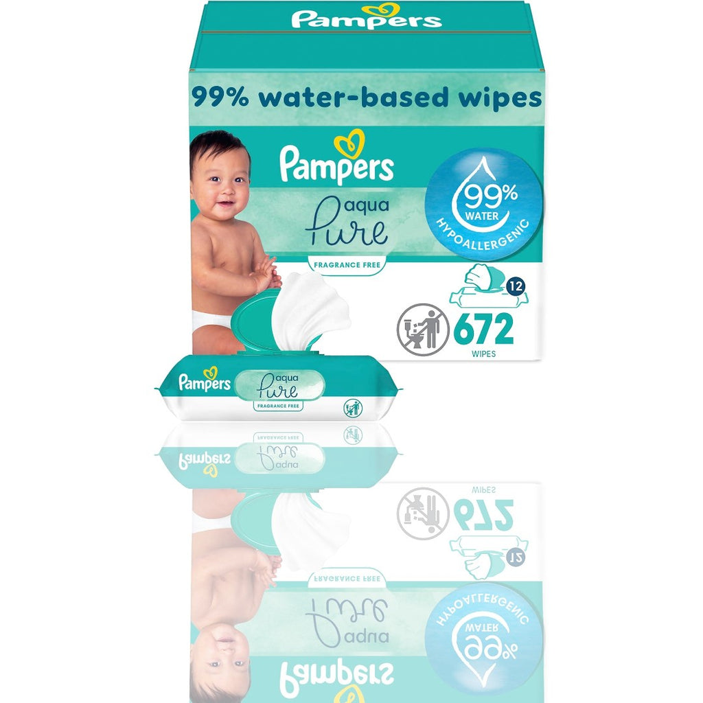 Pampers Aqua Pure Sensitive Baby Wipes – 99% Water, Hypoallergenic, Unscented, 12 Flip-Top Packs (672 Wipes Total)