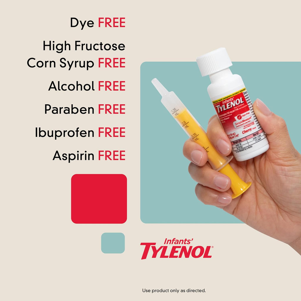 Tylenol Infants Oral Suspension | 160 mg Acetaminophen for Pain & Fever Relief | Dye-Free Cherry Flavor | 2 FL OZ