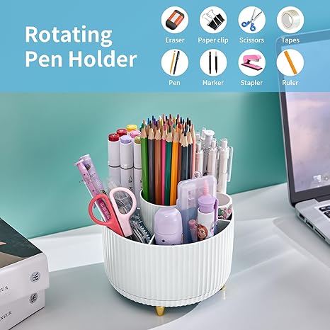 Marbrasse 360-Degree Rotating Desk Organizer – 5-Compartment Pen & Pencil Caddy for Office, Home, Art Supplies, and More