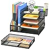 Marbrasse Desk Organizer with File Holder | 5-Tier Letter Tray, Drawer & 2 Pen Holders | Mesh Desktop Organizer for Office Supplies & Magazine Storage (Black)