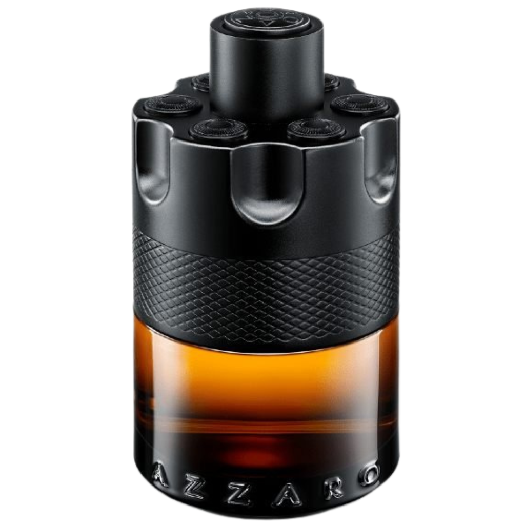 Perfume bottle with black cap and brown body on a white background