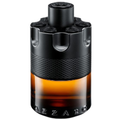 Perfume bottle with black cap and brown body on a white background