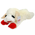 Plush toy sheep with red feet on a white background