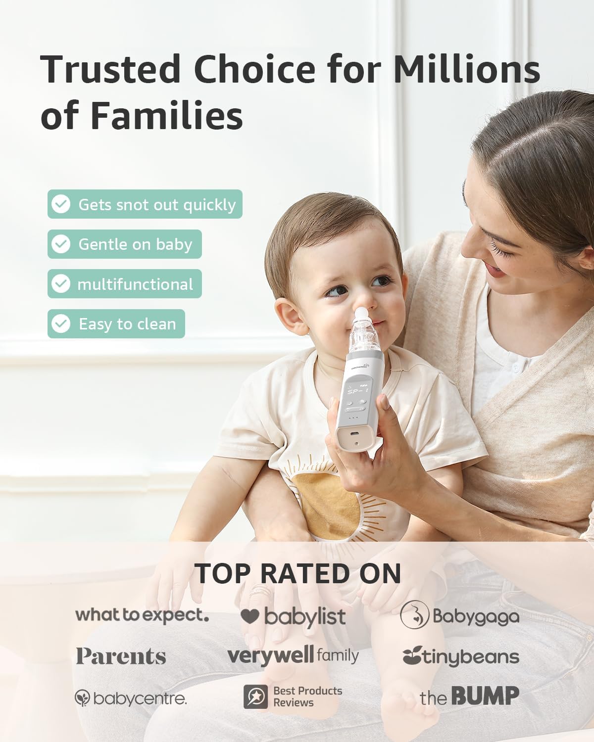 GROWNSY Baby Nasal Aspirator – Electric Nose Sucker with Adjustable Suction, Music & Light, 3 Silicone Tips, USB-C Rechargeable for Newborn Essentials - Ballimart