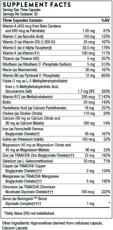 Thorne Basic Prenatal – Folate Multi with Choline for Pregnant and Nursing Women | 90 Capsules, 30 Servings