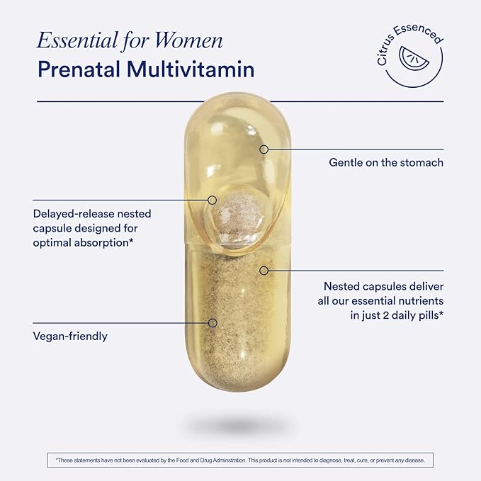 Ritual Essential for Women Prenatal Multivitamin | Folate, Choline & Omega-3 DHA for Neural Tube & Fetal Brain Support | Non-GMO, Vegan, Allergen-Free | 30-Day Citrus Capsules