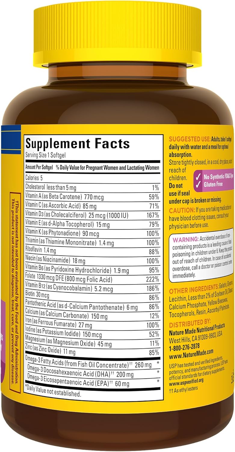 Nature Made Prenatal with Folic Acid + DHA – Multivitamin for Brain, Bone, and Eye Development, 110 Softgels for 110 Days, Non-GMO, Gluten-Free