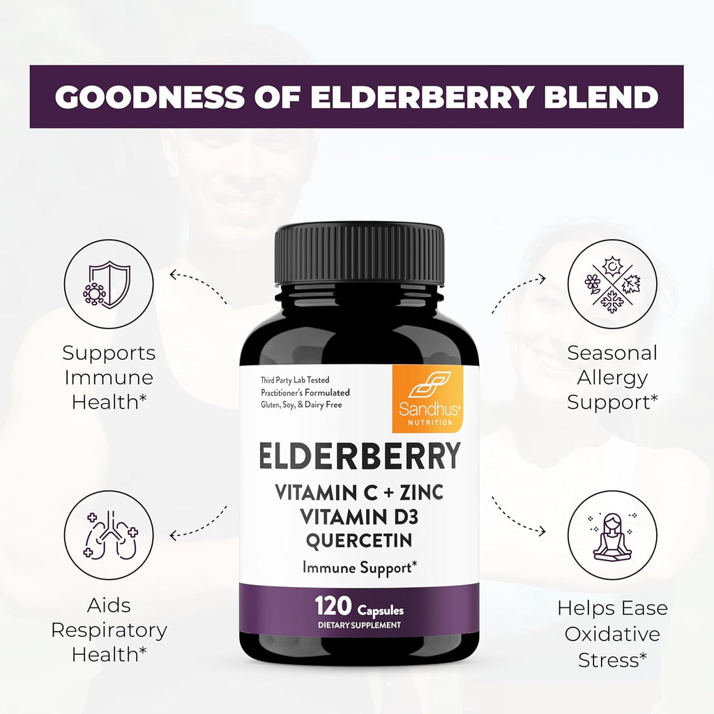 Elderberry Vitamin C & Zinc | Quercetin & Vitamin D3 | Immune Support Capsules for Adults | 2-Month Supply | Herbal Supplement for Men &amp; Women