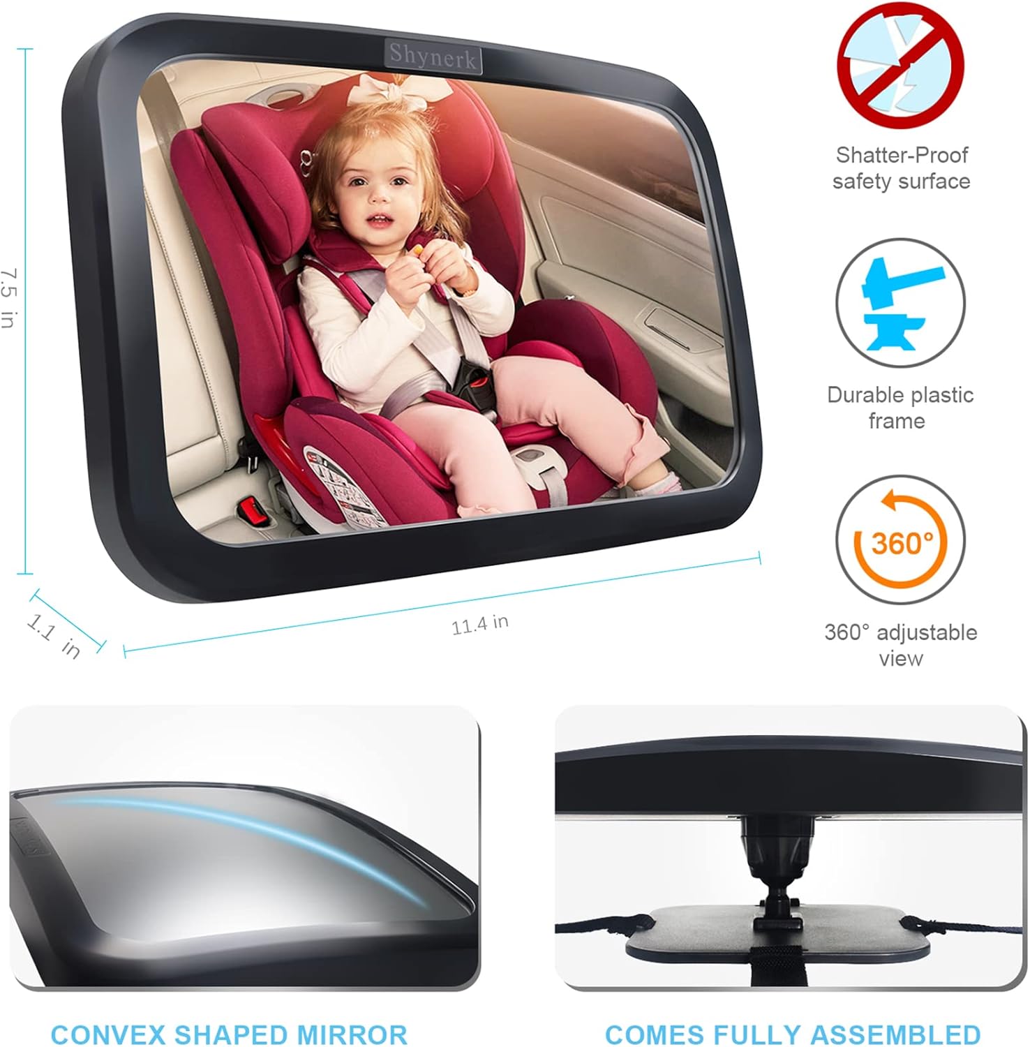 Shynerk Baby Car Mirror – Rear-Facing Infant Seat Safety Mirror | Wide Crystal-Clear View, 360° Rotation, Shatterproof & Crash-Tested