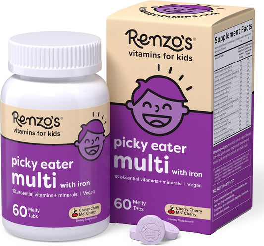 Renzo's Picky Eater Kids Multivitamin with Iron – 60 Sugar-Free Dissolving Melty Tabs, Oh-Oh-Oh Orange Flavor | Vitamins D3 & K2 for Kids' Health
