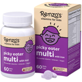 Renzo's vitamins for kids picky eater multi with iron supplement bottle and packaging on a white background