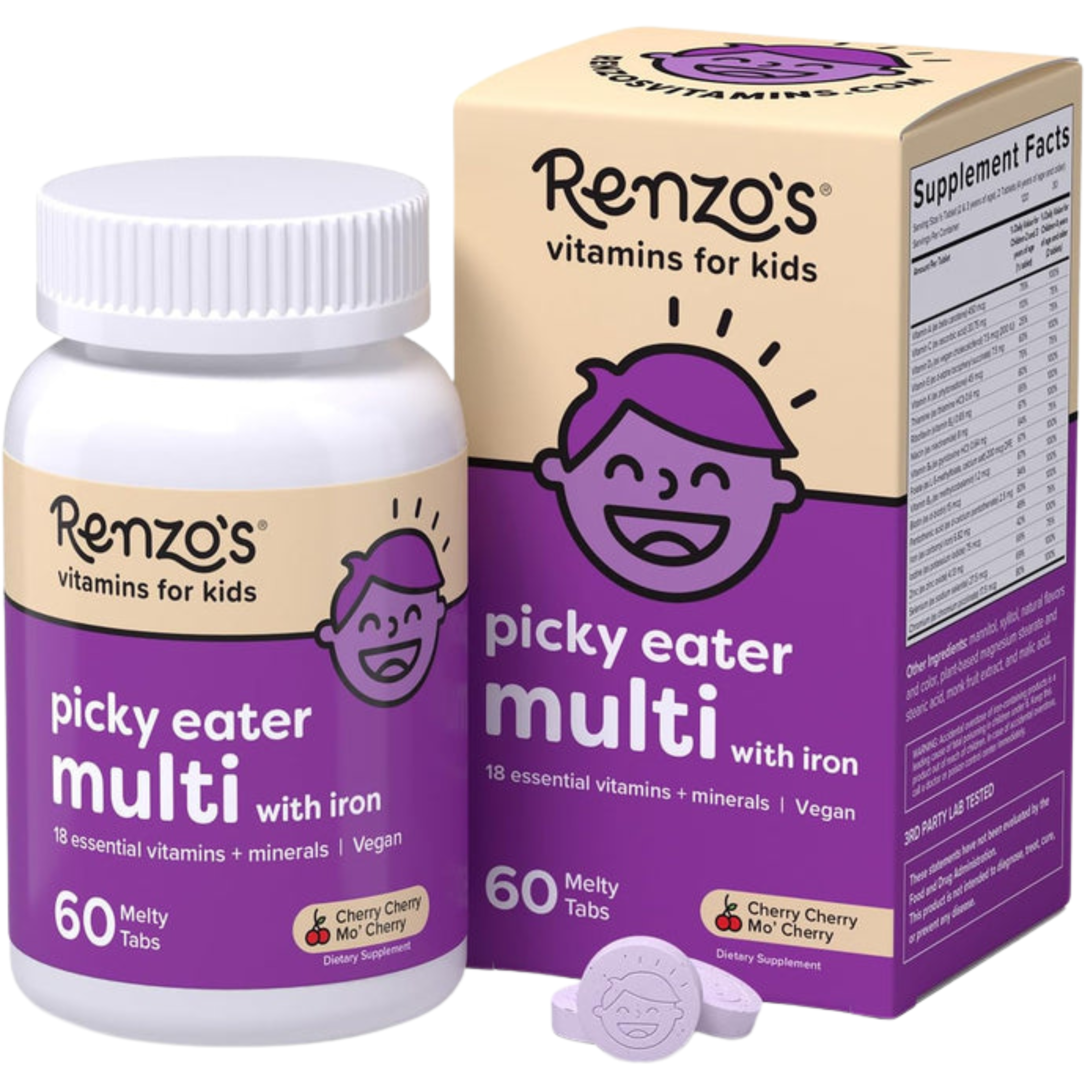 Renzo's vitamins for kids picky eater multi with iron supplement bottle and packaging on a white background