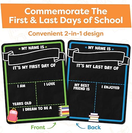 First and Last Day of School Board Sign – 14"x11" Double-Sided Chalkboard with Liquid Chalk Markers – Back-to-School Supplies for Kindergarten, Preschool & More