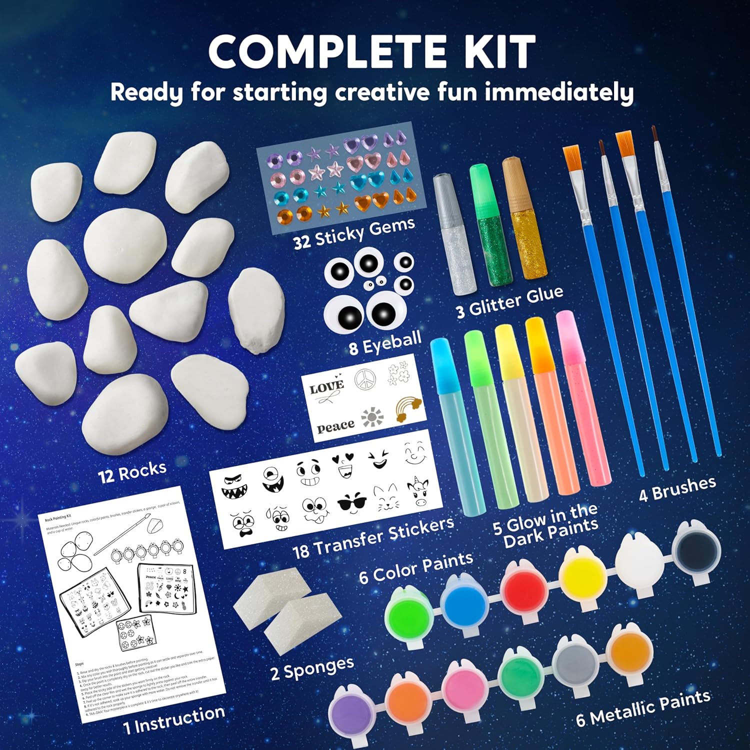 JOYIN Glow-in-the-Dark Rock Painting Kit – Arts & Crafts Set for Kids Ages 6-12 | Creative Painting Supplies for Birthday Gifts, Stocking Stuffers, and Holiday Fun - Ballimart