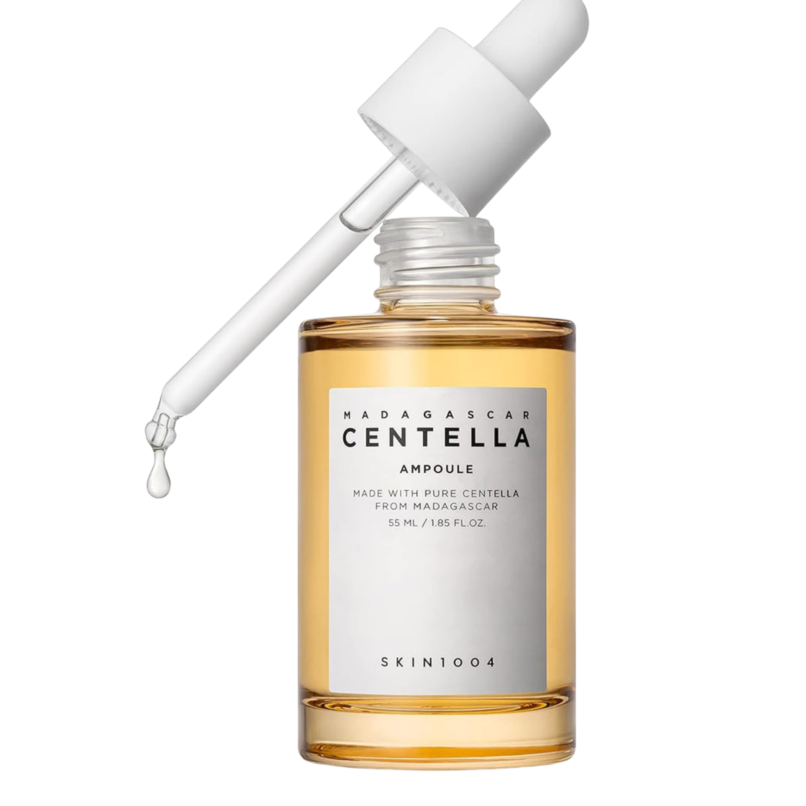 Bottle of SKIN1004 Madagascar Centella Ampoule with dropper on a white background