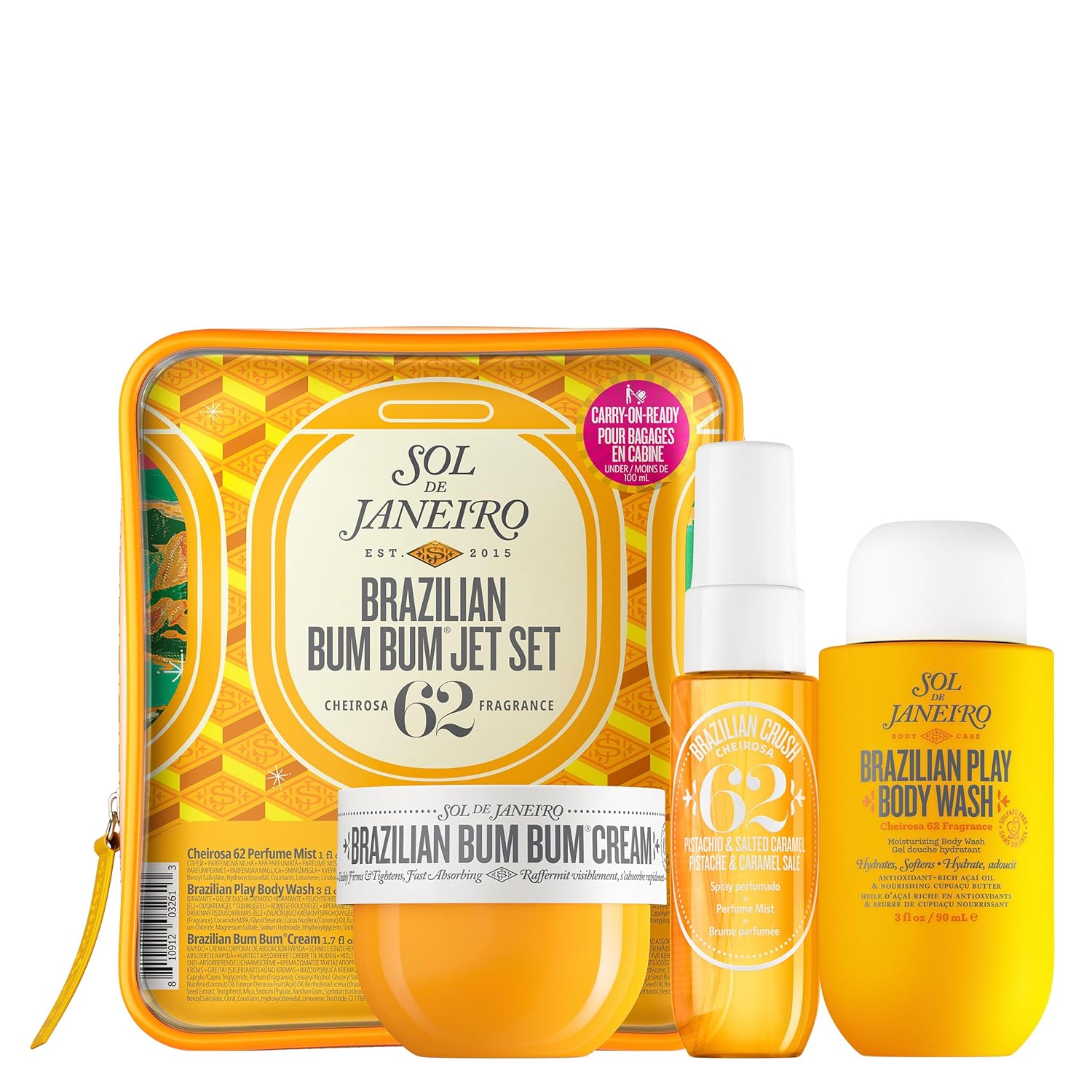 SOL DE JANEIRO Jet Set – Travel-Friendly Body Care Kit | Brazilian Bum Bum Cream, Shower Cream-Gel & Perfume Mist | Tightening & Hydrating Routine with Cheirosa 62 Scent