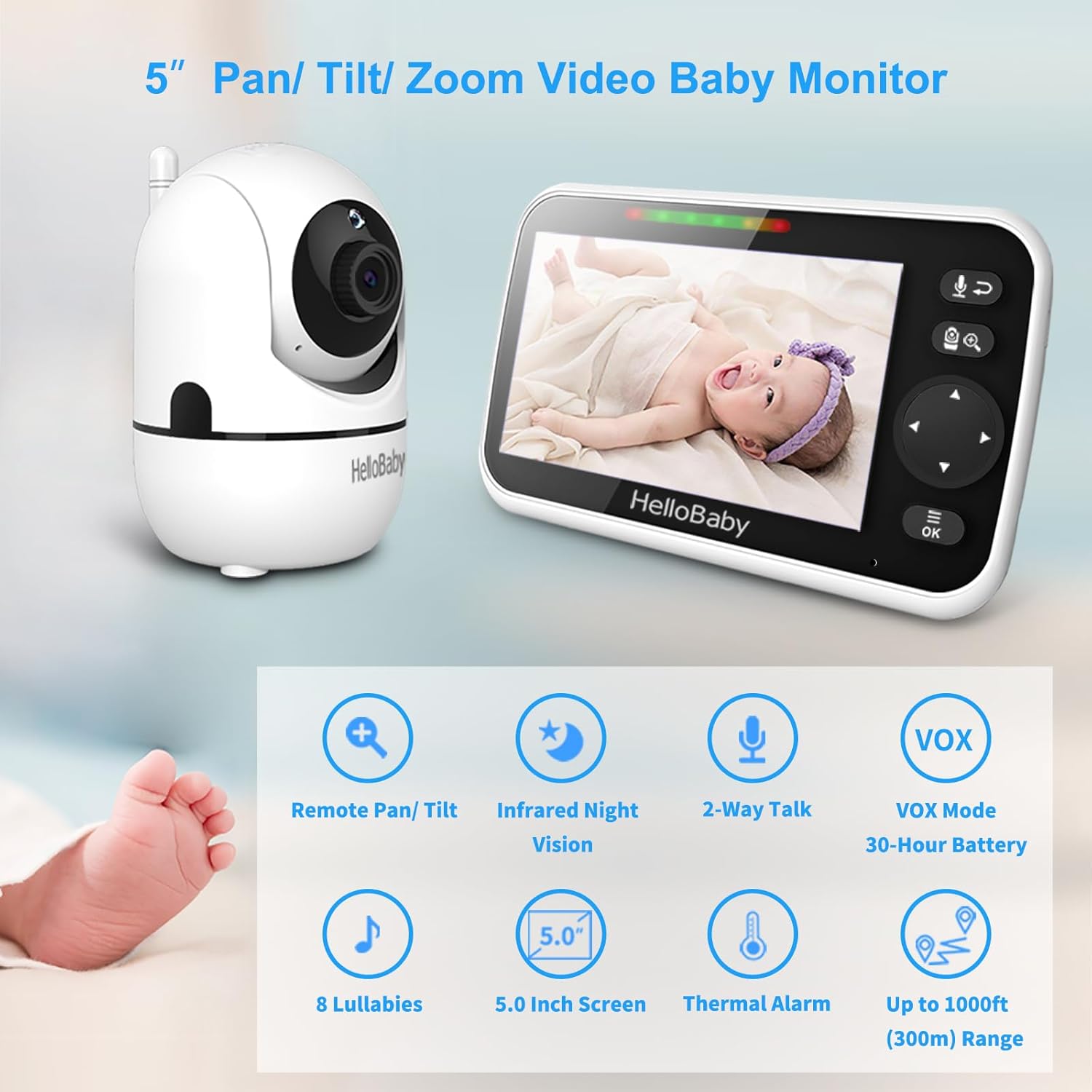 HelloBaby Upgrade 5'' Video Baby Monitor with Camera & Audio – 30-Hour Battery, Night Vision, VOX Mode, 2-Way Talk, 8 Lullabies & 1000ft Range, No WiFi Needed - Ballimart