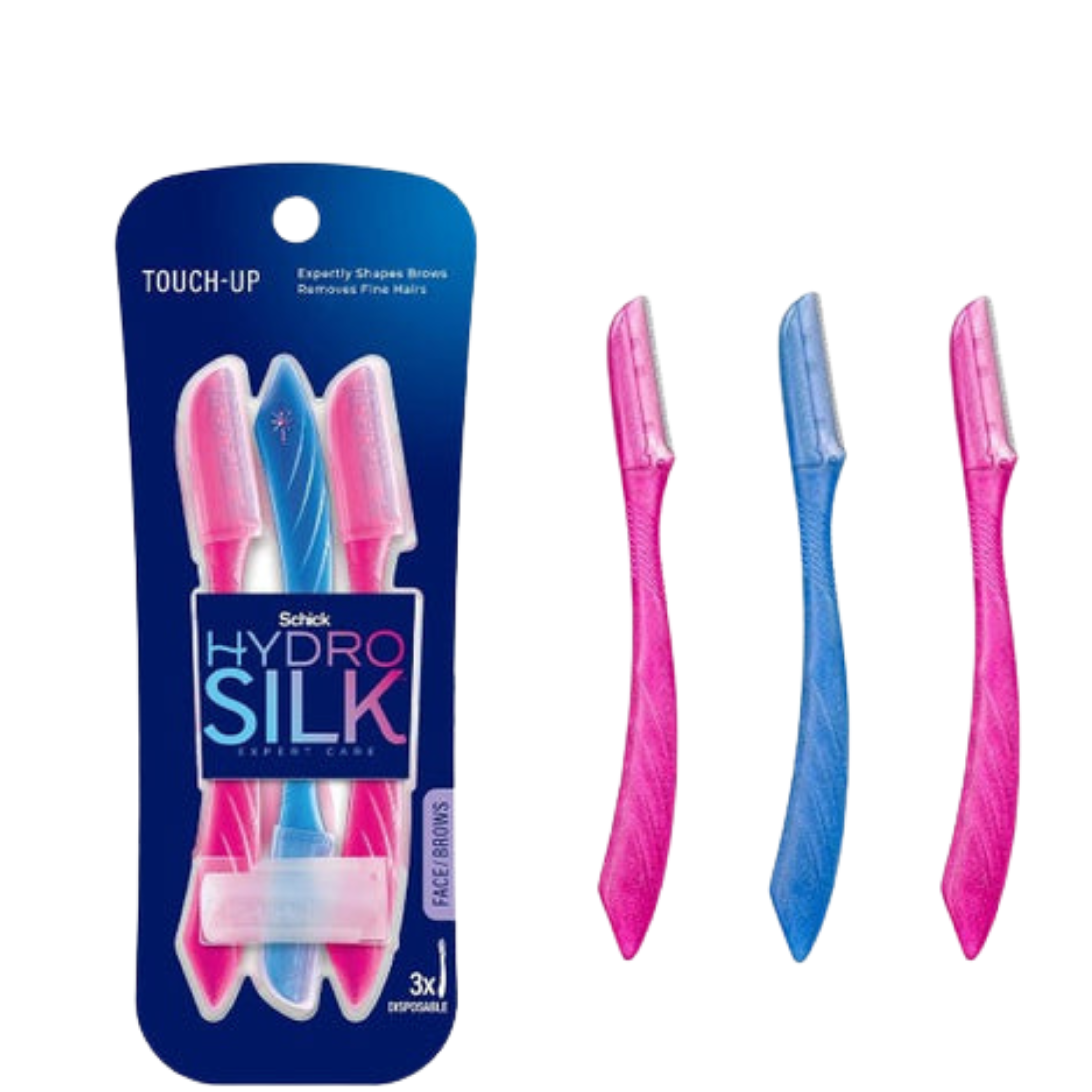Schick Hydro Silk face brushes with packaging on a white background